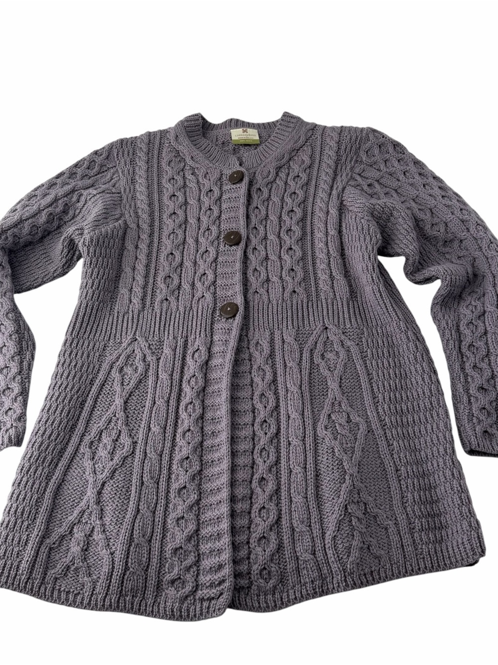 Carraig Donn Women’s Irish Aran 100% Wool A-Line Cardigan Boho Sweater Size L